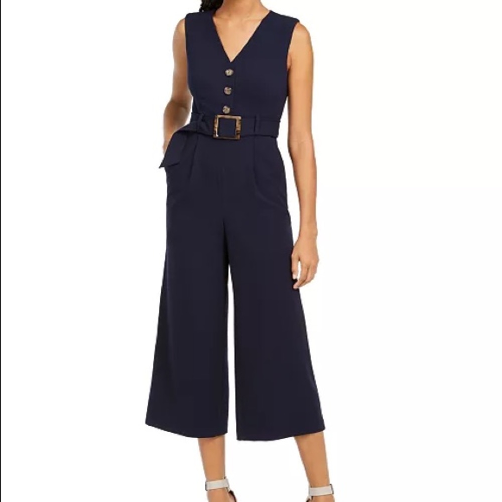 Calvin Klein Navy V-Neck Belted Cropped Jumpsuit